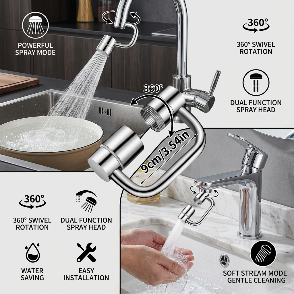 360° swivel tap extender with spray head – kitchen & bathroom use
