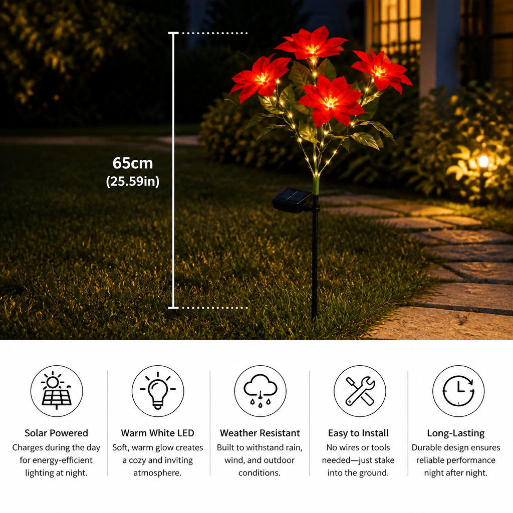 Solar Poinsettia Garden Lights with Red Flower Heads