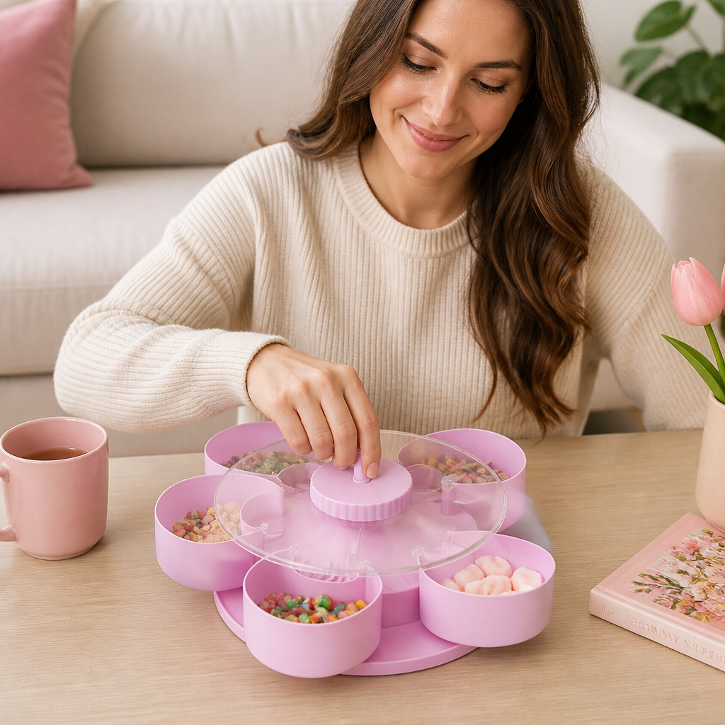 Rotating Snack Tray with Compartments – Spinning Serving Plate for Snacks & Candy