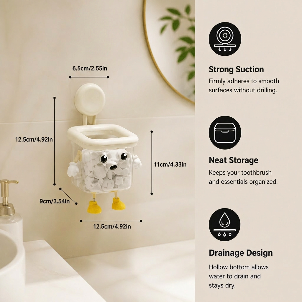 Cute Wall Mounted Toothbrush Holder with Suction Cup for Bathroom Organization