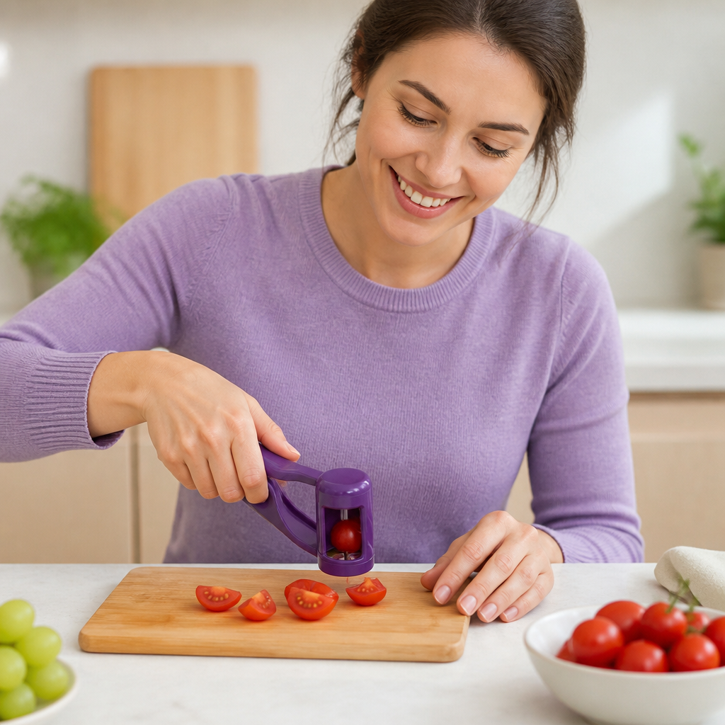 Stainless Steel Grape & Cherry Tomato Cutter – Safe One-Press Quarter Slicer for Toddlers & Kids