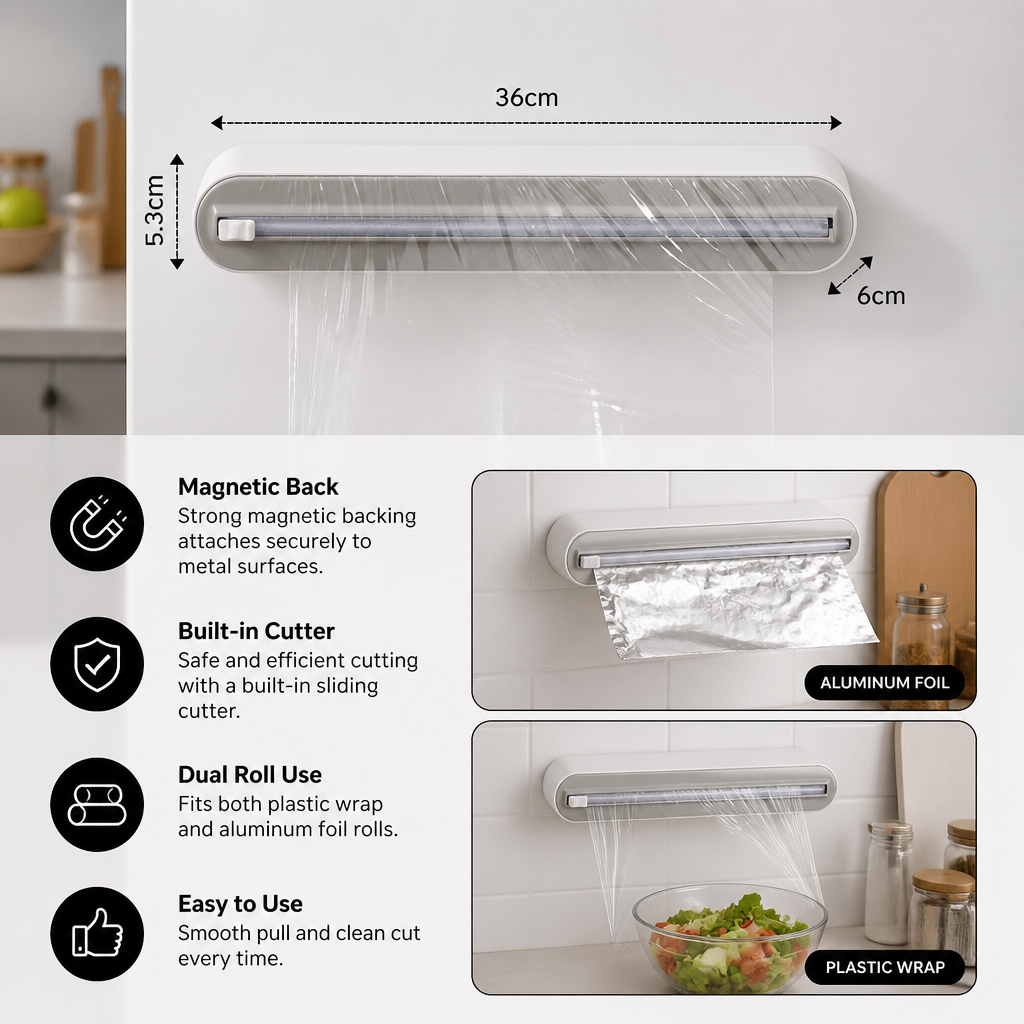 Magnetic Wall-Mounted Foil & Plastic Wrap Dispenser with Safety Cutter