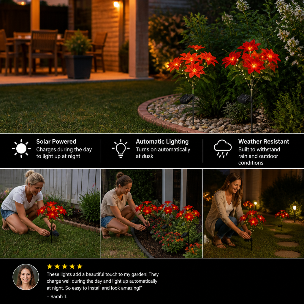 Solar Poinsettia Garden Lights with Red Flower Heads