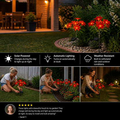 Solar Poinsettia Garden Lights with Red Flower Heads