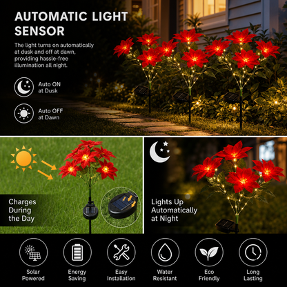 Solar Poinsettia Garden Lights with Red Flower Heads