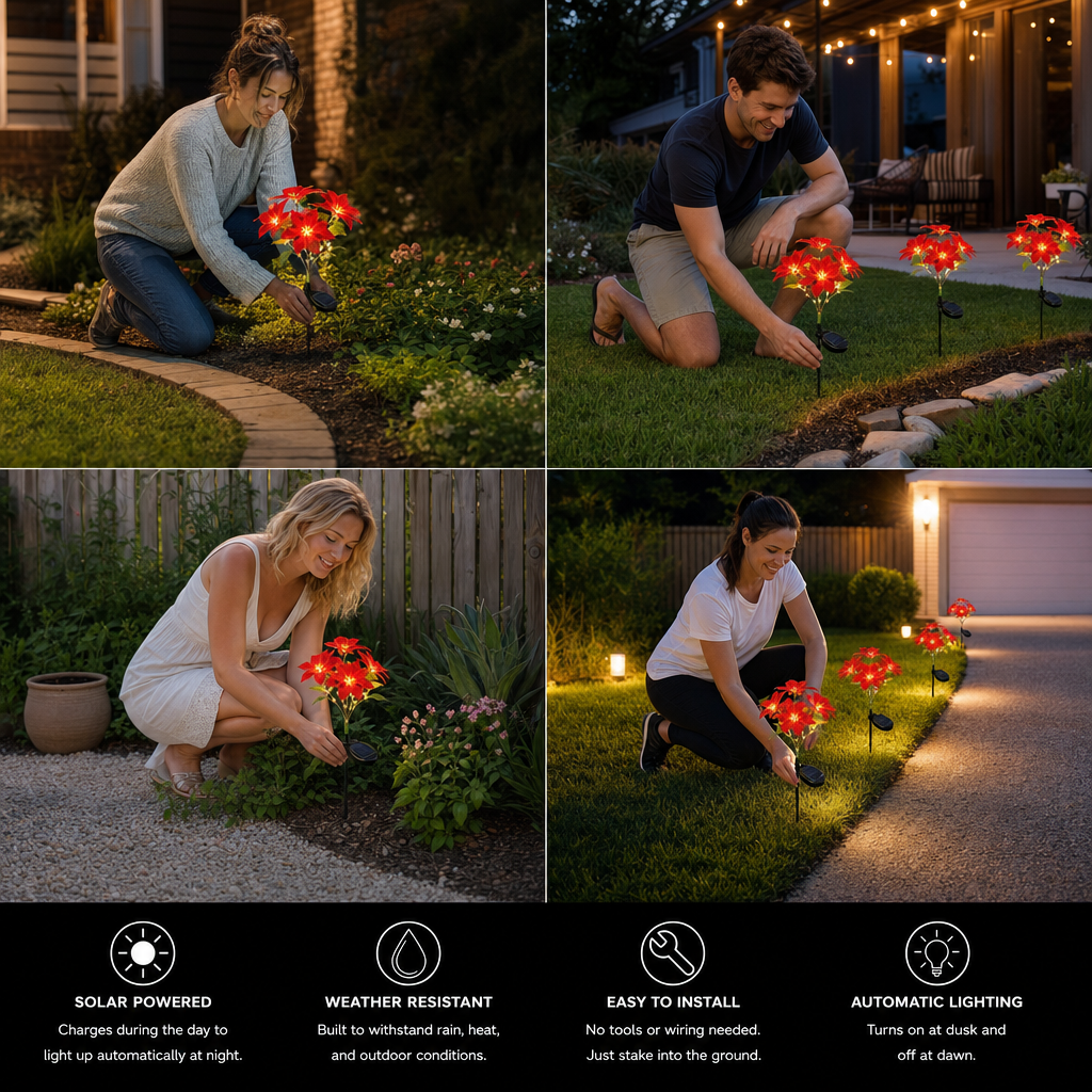 Solar Poinsettia Garden Lights with Red Flower Heads