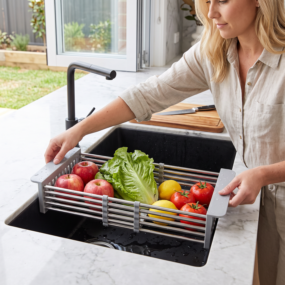Adjustable Over-the-Sink Dish Drying Rack & Produce Drainer