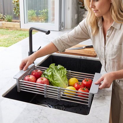 Adjustable Over-the-Sink Dish Drying Rack & Produce Drainer