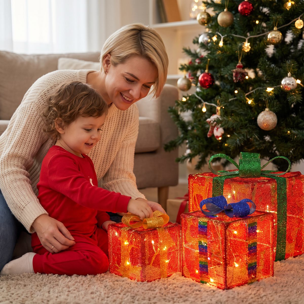 LED Light-Up Christmas Gift Box Decoration Set of 3