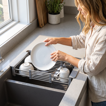 Adjustable Over-the-Sink Dish Drying Rack & Produce Drainer