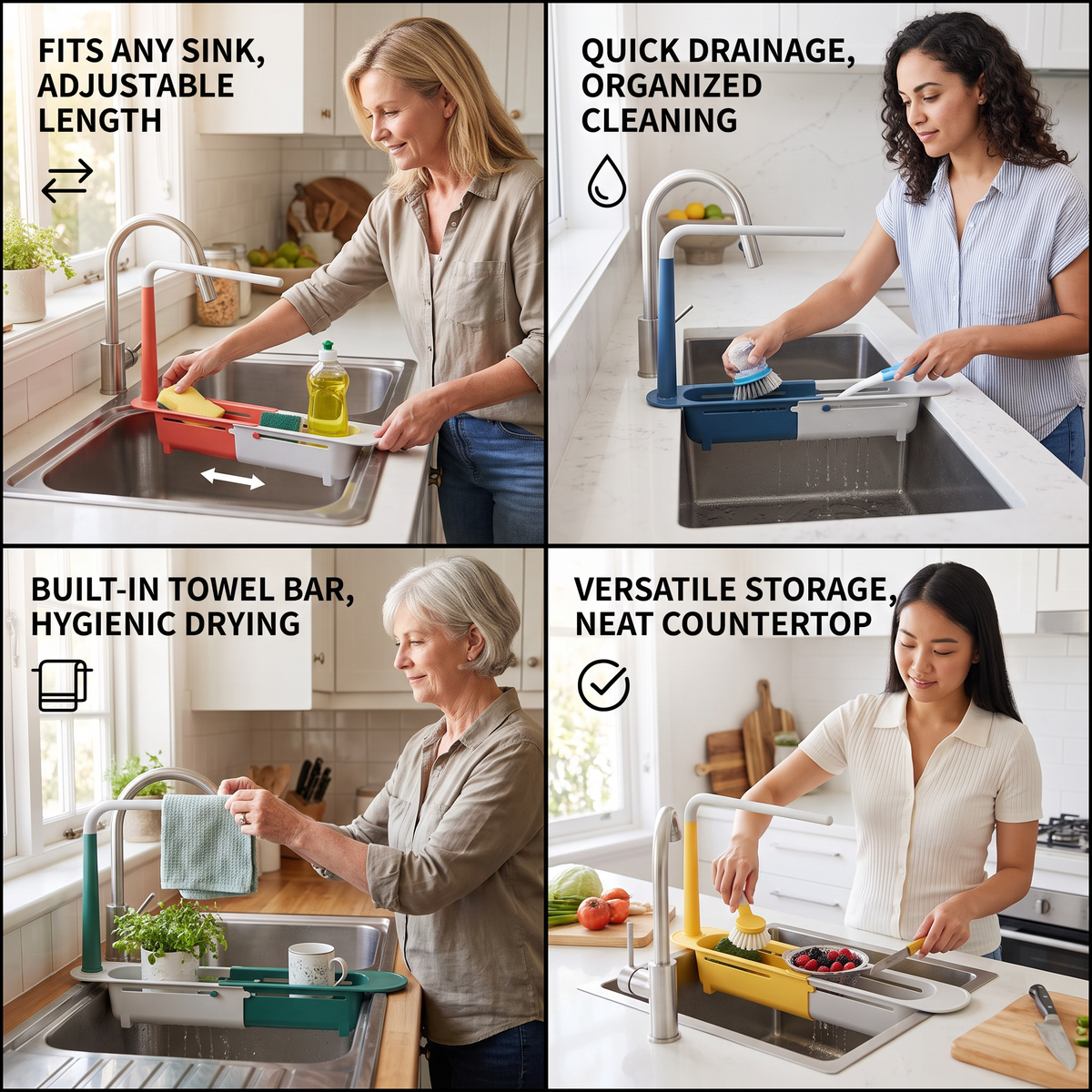 Adjustable Telescopic Sink Organizer with Drainage Basket & Towel Bar