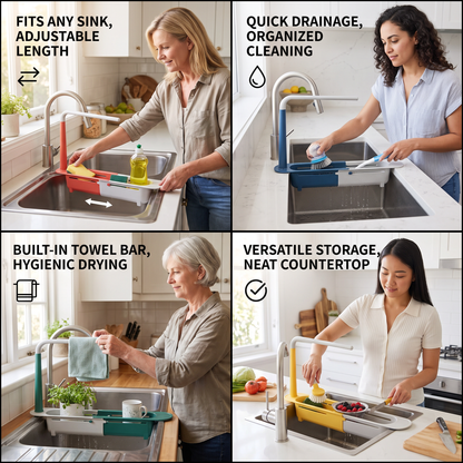 Adjustable Telescopic Sink Organizer with Drainage Basket & Towel Bar