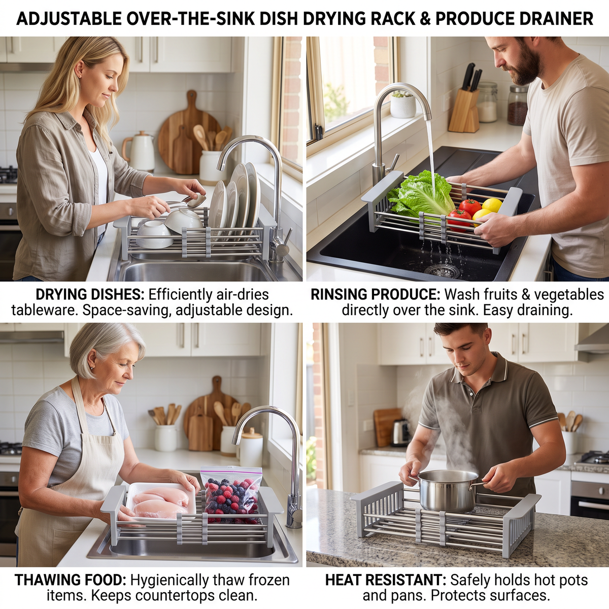 Adjustable Over-the-Sink Dish Drying Rack & Produce Drainer