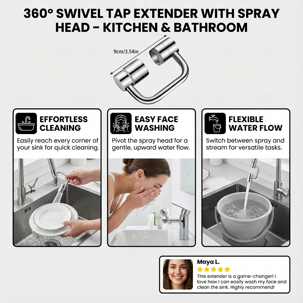 360° swivel tap extender with spray head – kitchen & bathroom use