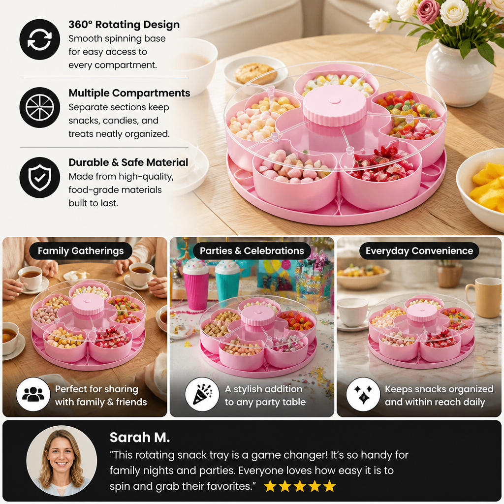 Rotating Snack Tray with Compartments – Spinning Serving Plate for Snacks & Candy