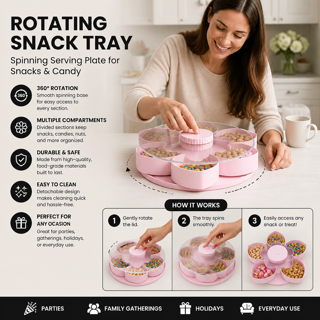 Rotating Snack Tray with Compartments – Spinning Serving Plate for Snacks & Candy