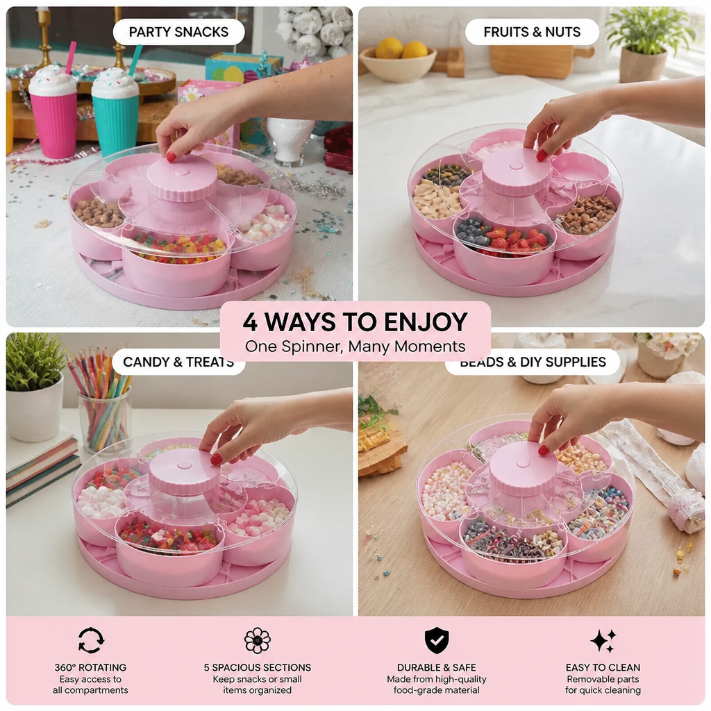 Rotating Snack Tray with Compartments – Spinning Serving Plate for Snacks & Candy