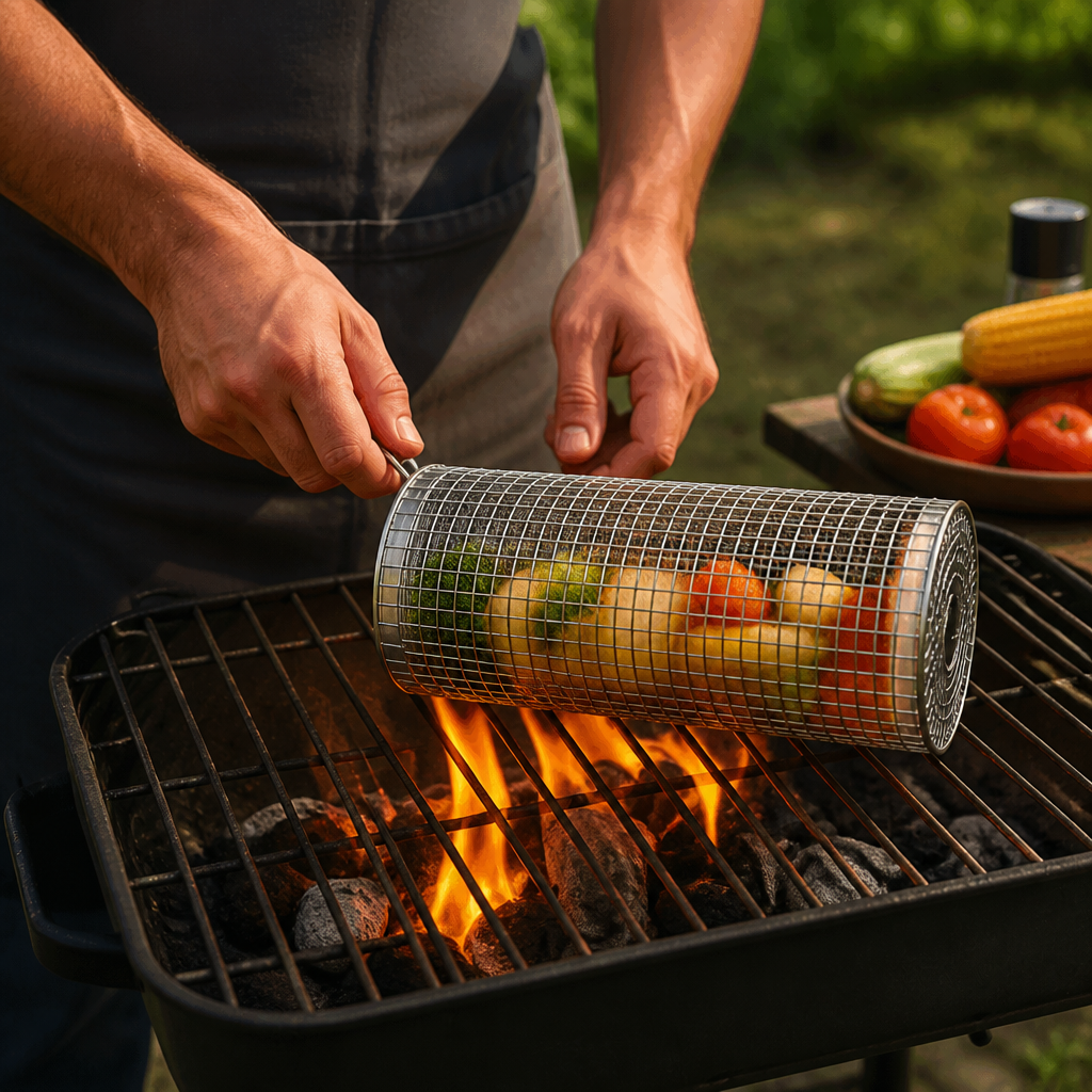 Practical Stainless Steel Grill Basket – Rotating BBQ Grill Basket for Outdoor Grilling