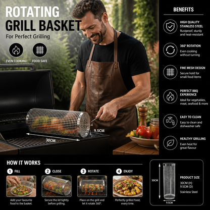 Practical Stainless Steel Grill Basket – Rotating BBQ Grill Basket for Outdoor Grilling