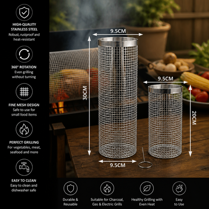 Practical Stainless Steel Grill Basket – Rotating BBQ Grill Basket for Outdoor Grilling