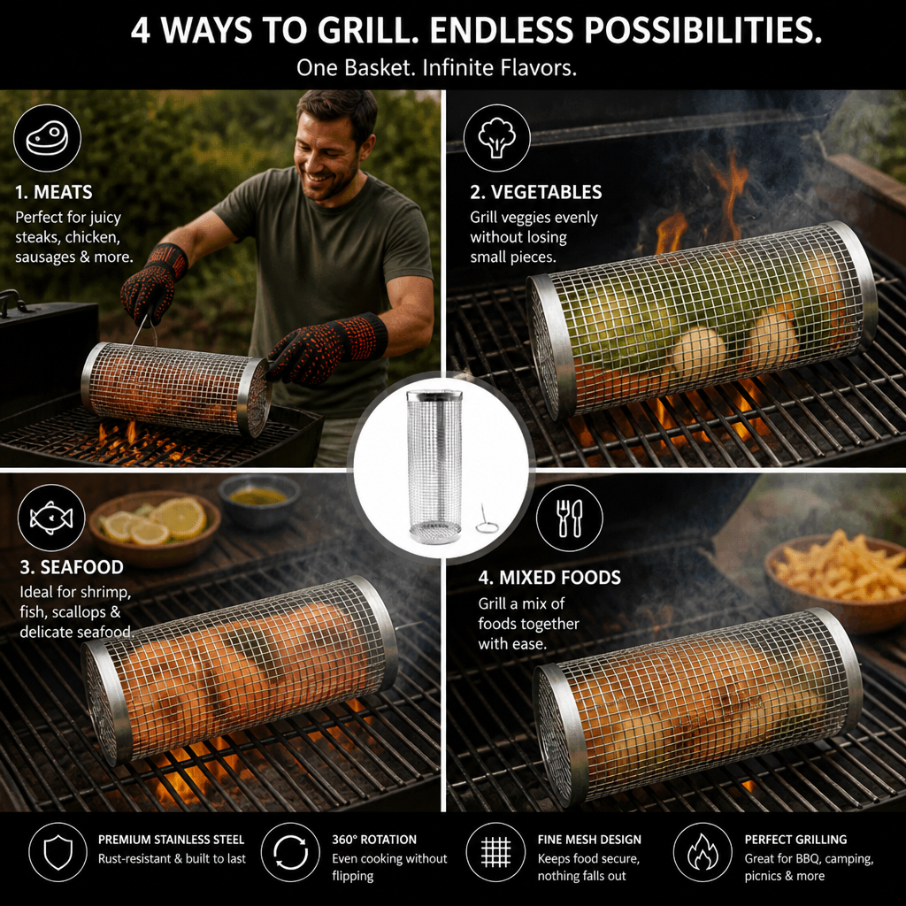 Practical Stainless Steel Grill Basket – Rotating BBQ Grill Basket for Outdoor Grilling
