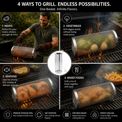 Practical Stainless Steel Grill Basket – Rotating BBQ Grill Basket for Outdoor Grilling