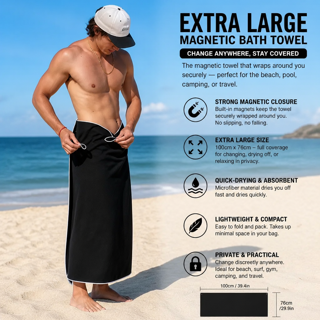 Extra Large Magnetic Bath Towel – Quick-Drying Beach and Bath Towel for Swimming and Outdoor Use