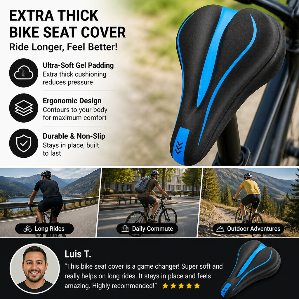Extra Thick Anti Butt Pain Gel Bike Seat Cover – Soft Comfort Cushion