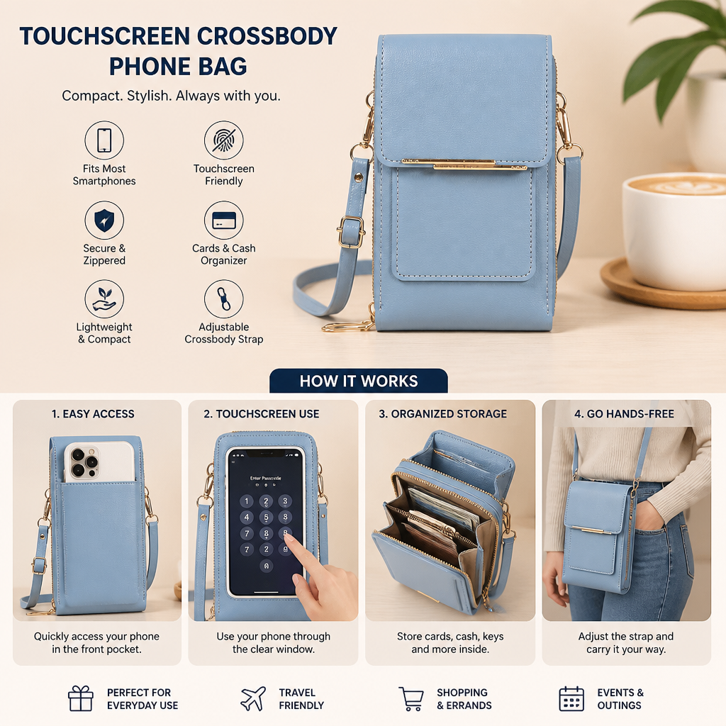 Touchscreen Crossbody Phone Bag – Compact Wallet for Phone, Keys & Essentials
