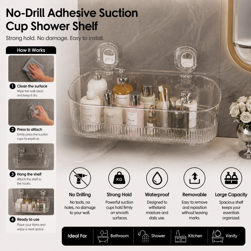 No-Drill Adhesive Suction Cup Shower & Bathroom Shelf