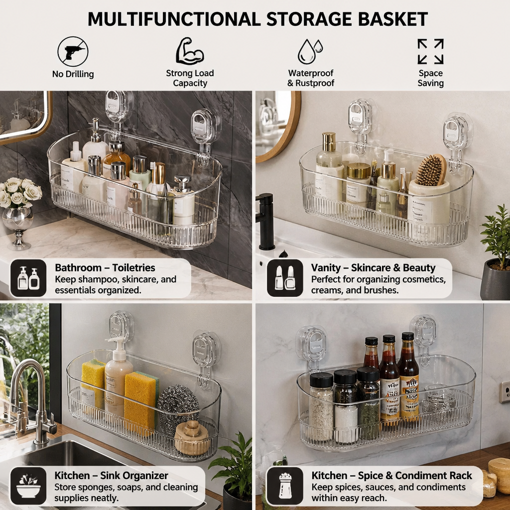 No-Drill Adhesive Suction Cup Shower & Bathroom Shelf
