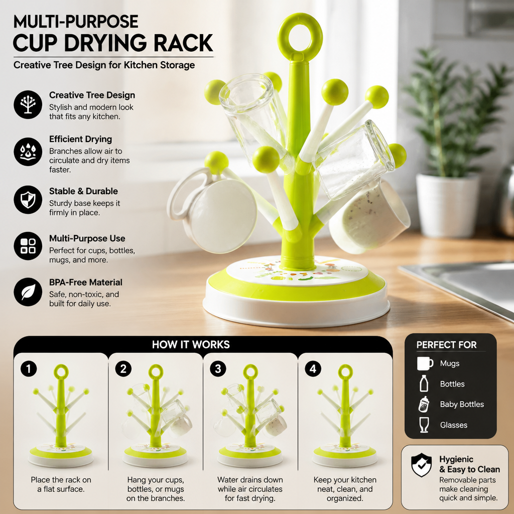 Multi Purpose Cup Drying Rack with Creative Tree Design for Kitchen Storage