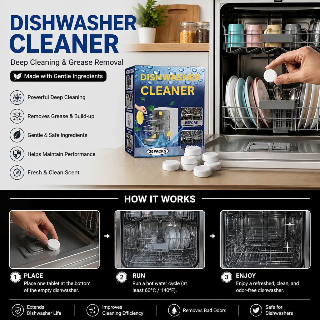 Dishwasher Cleaning Tablets for Deep Cleaning & Grease Removal - Made with gentle Ingredients