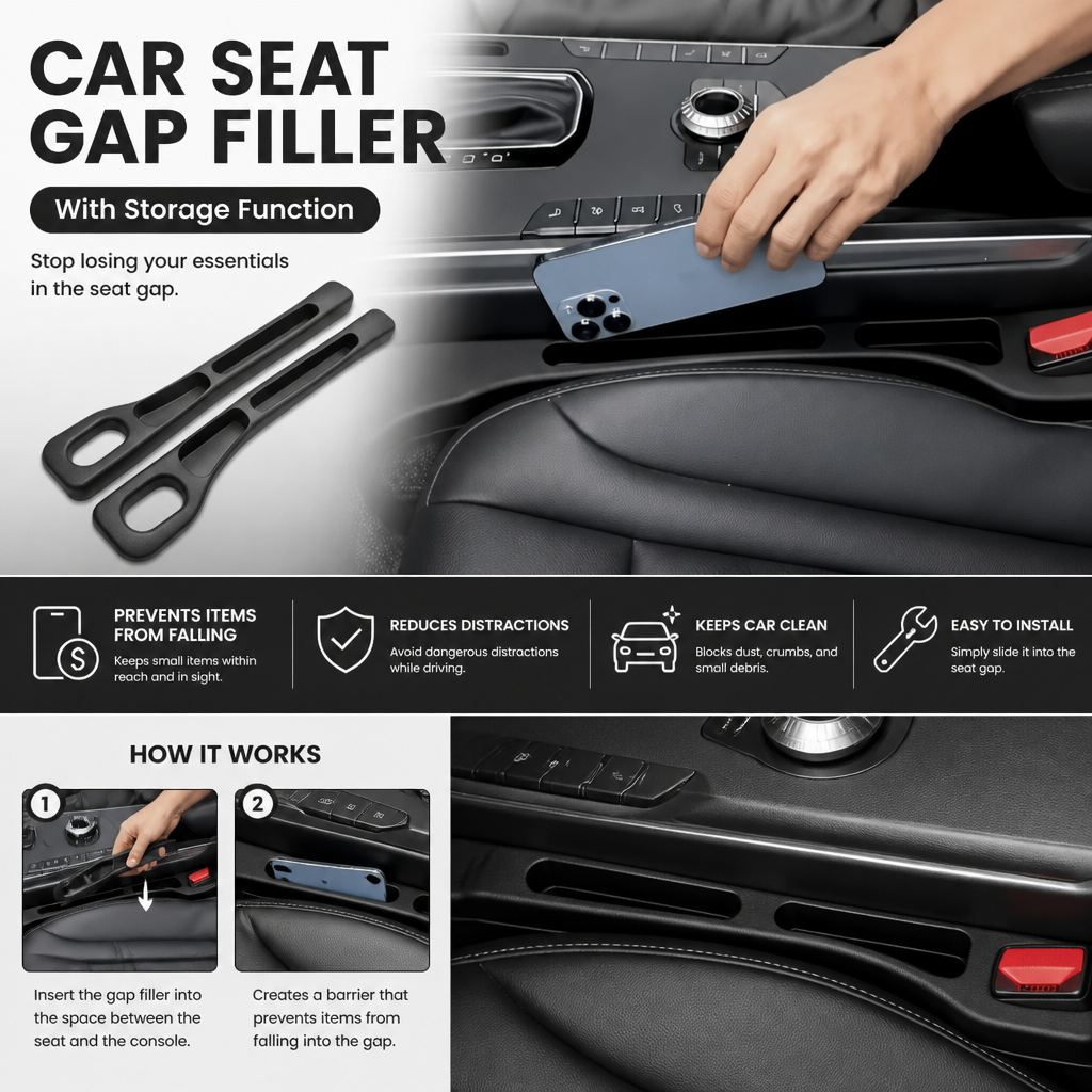 Universal Car Seat Gap Filler with Storage Function for a Cleaner Interior