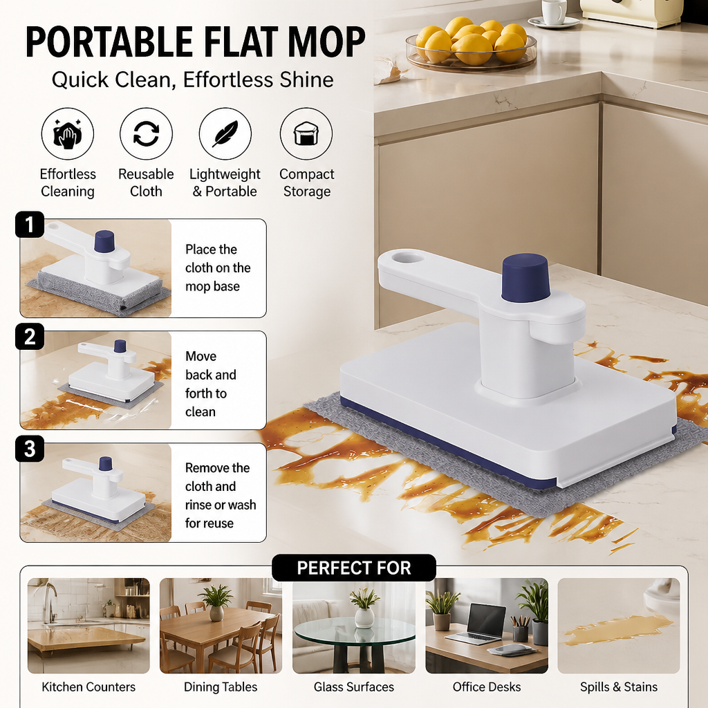 Portable Flat Mop with Reusable Cleaning Cloth for Quick Surface Cleaning