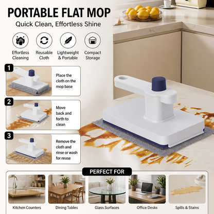 Portable Flat Mop with Reusable Cleaning Cloth for Quick Surface Cleaning