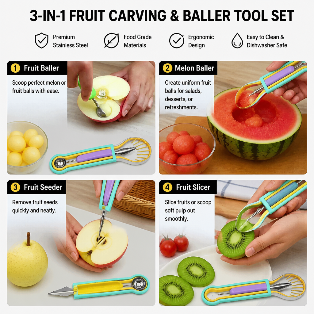 3-in-1 Fruit Carving & Baller Tool Set
