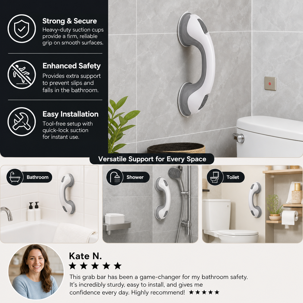 Heavy-Duty Suction Cup Safety Grab Bar – Anti-Slip Bathroom Support Handle