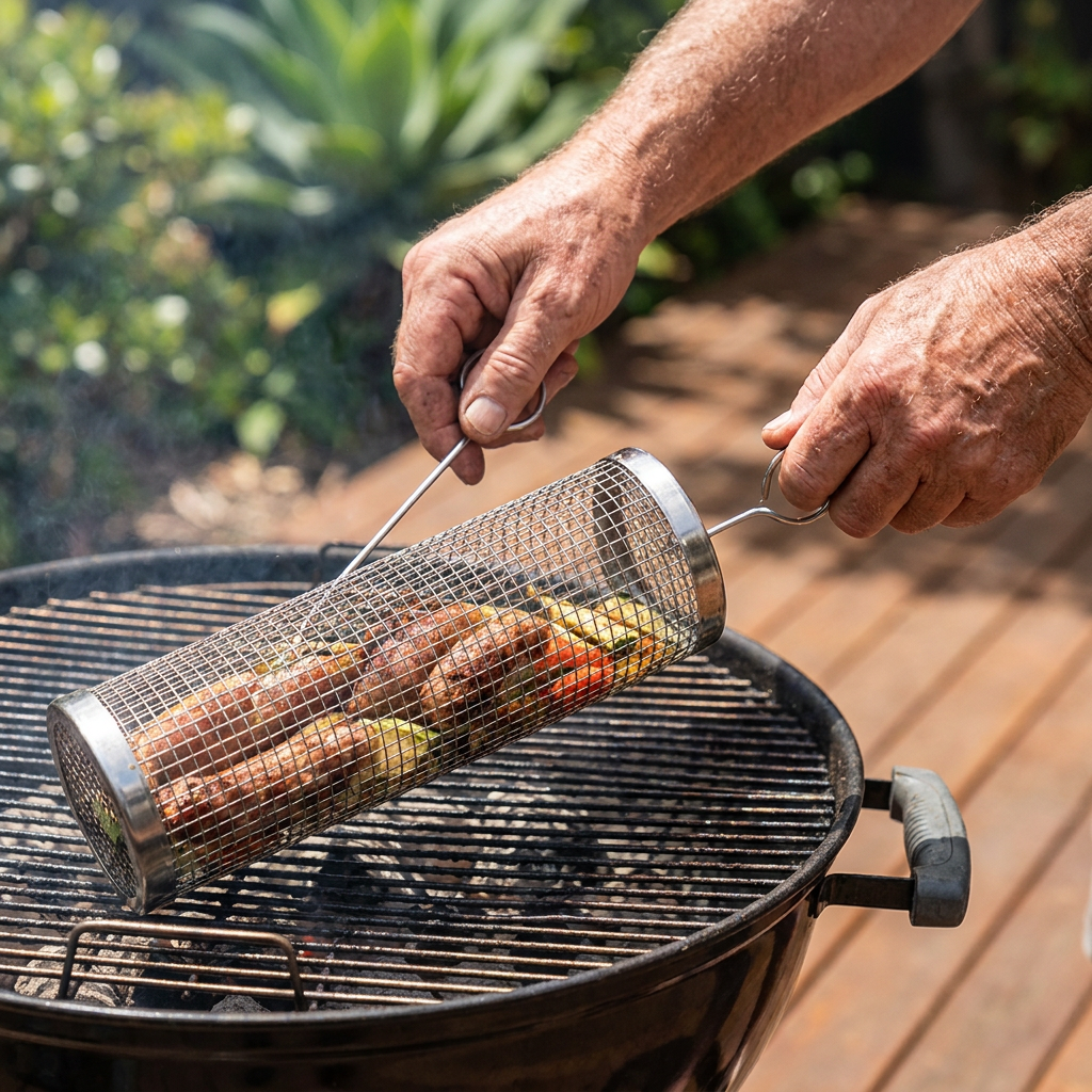 Practical Stainless Steel Grill Basket – Rotating BBQ Grill Basket for Outdoor Grilling