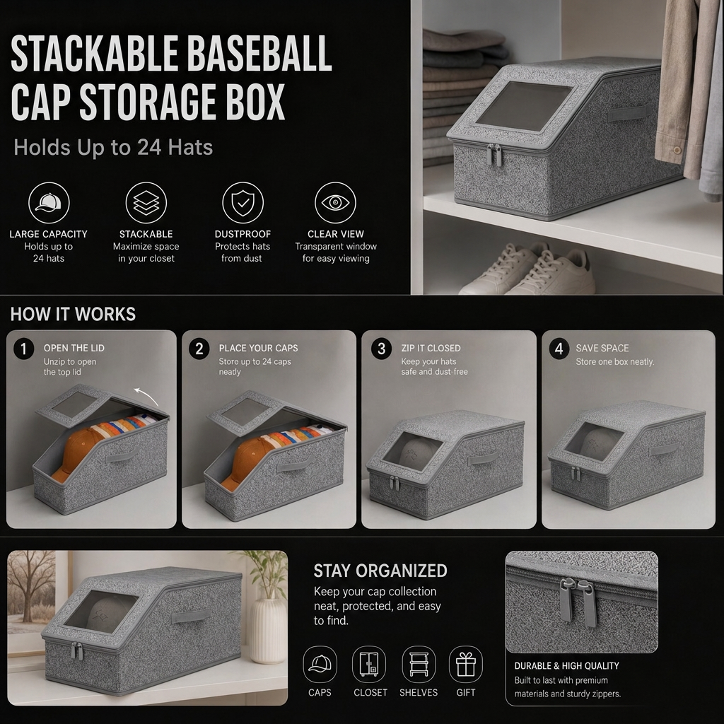 Stackable Baseball Cap Storage Box – Holds Up to 24 Hats