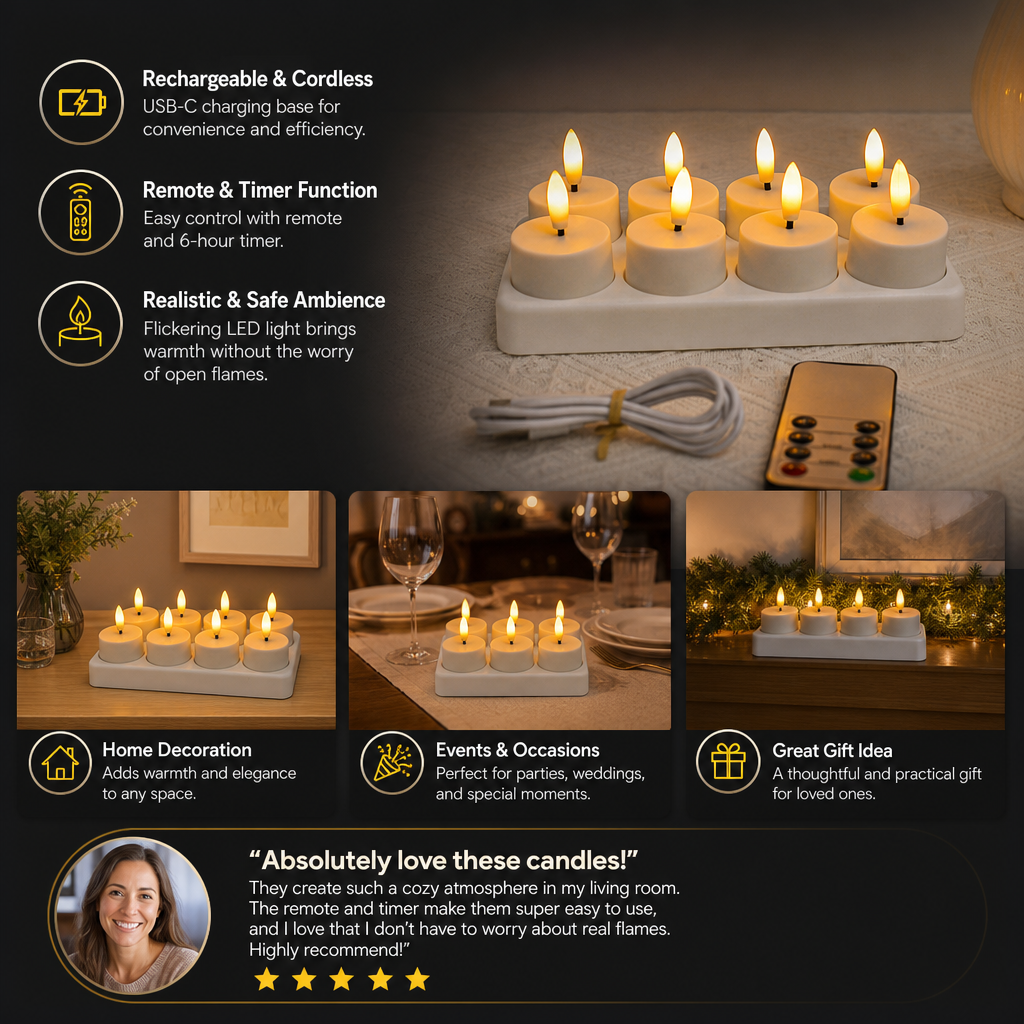 12-Piece Rechargeable LED Flameless Tea Light Candle Set with USB-C Charging Station, Remote Control & Timer