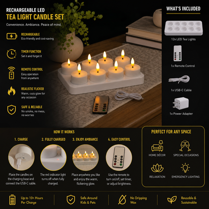 12-Piece Rechargeable LED Flameless Tea Light Candle Set with USB-C Charging Station, Remote Control & Timer