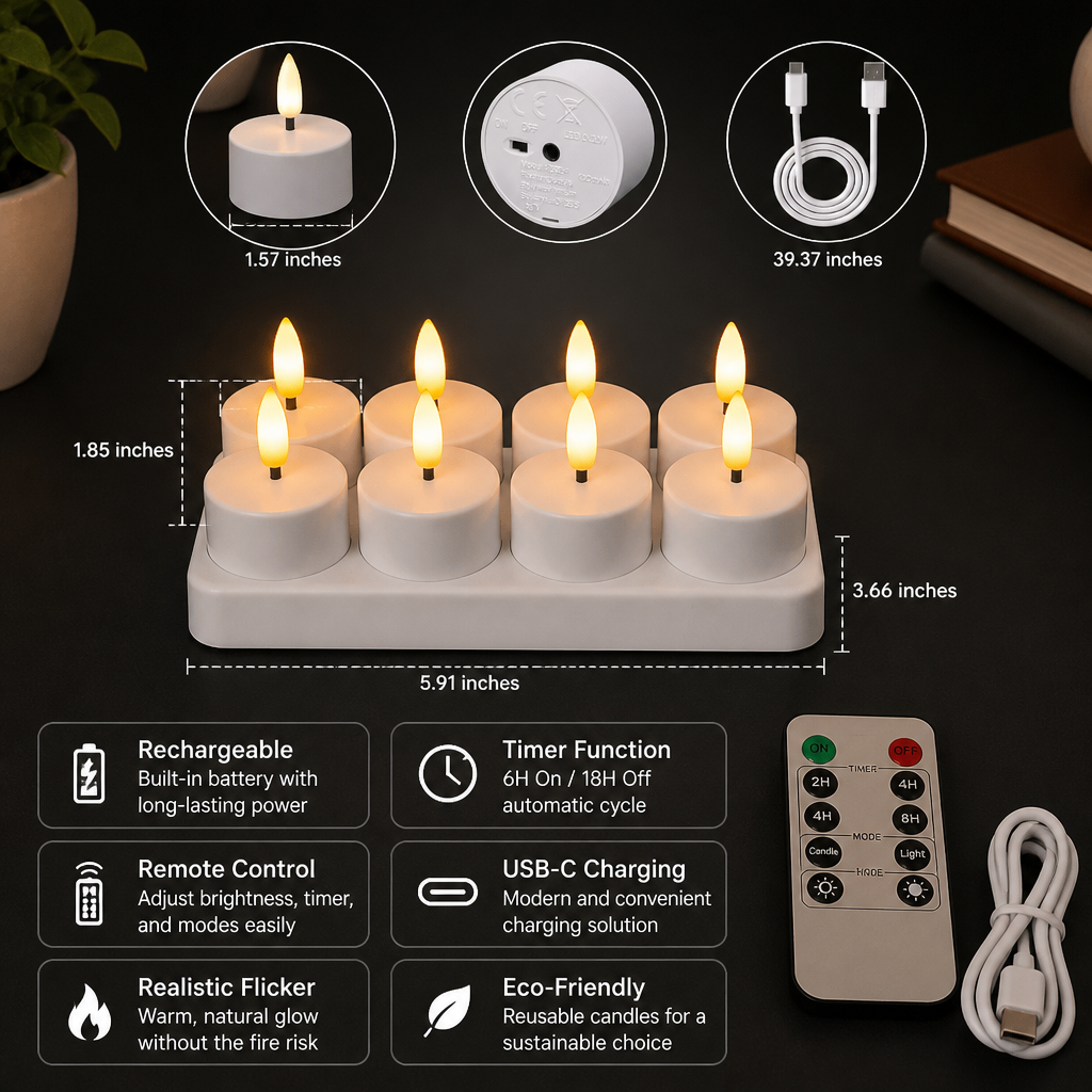 12-Piece Rechargeable LED Flameless Tea Light Candle Set with USB-C Charging Station, Remote Control & Timer