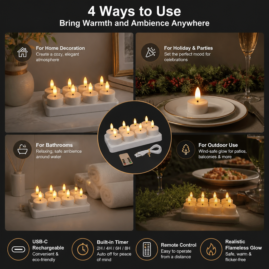 12-Piece Rechargeable LED Flameless Tea Light Candle Set with USB-C Charging Station, Remote Control & Timer