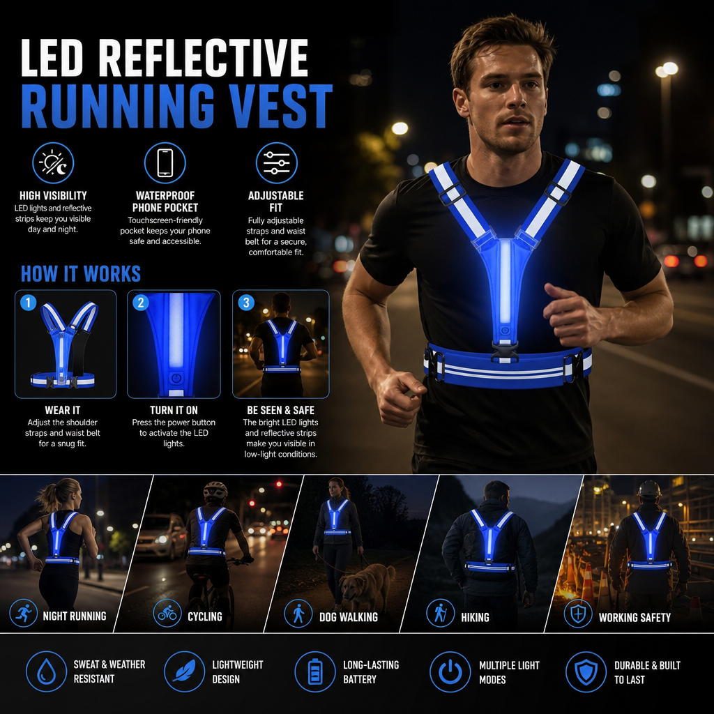 LED Reflective Running Vest with Waterproof Phone Pocket