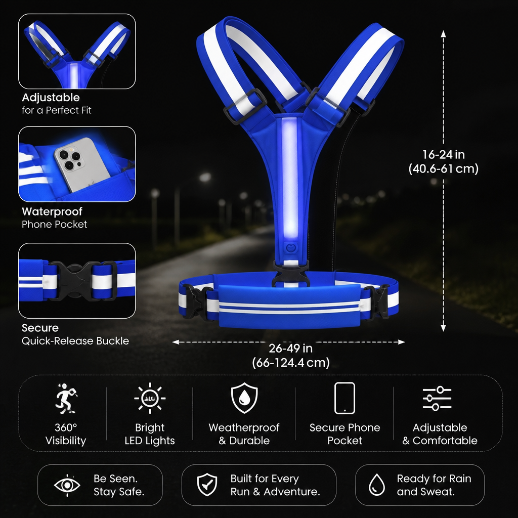 LED Reflective Running Vest with Waterproof Phone Pocket