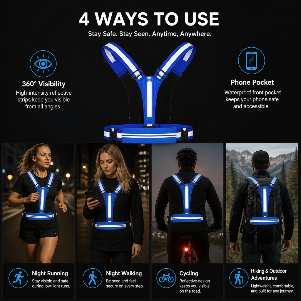 LED Reflective Running Vest with Waterproof Phone Pocket