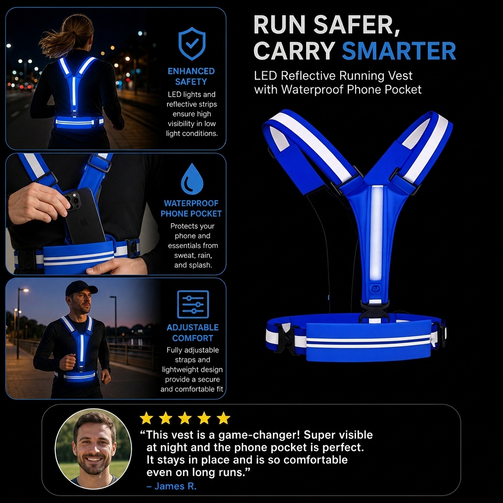 LED Reflective Running Vest with Waterproof Phone Pocket
