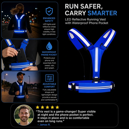 LED Reflective Running Vest with Waterproof Phone Pocket