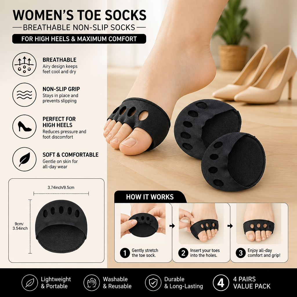 Women’s Toe Socks – Breathable Non-Slip Socks for High Heels & Maximum Comfort (4 pairs)